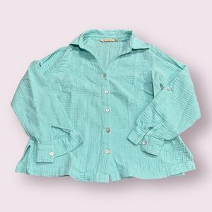 Soft Surroundings Shirt Womens Small Blue Textured Long Sleeve Collar Button-Up